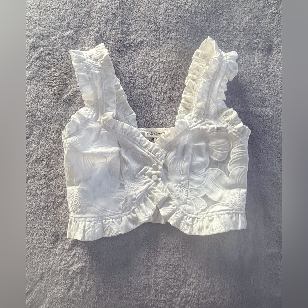 For Love & Lemons Women White Cropped Floral Square Neck Sleeveless Top Size S
